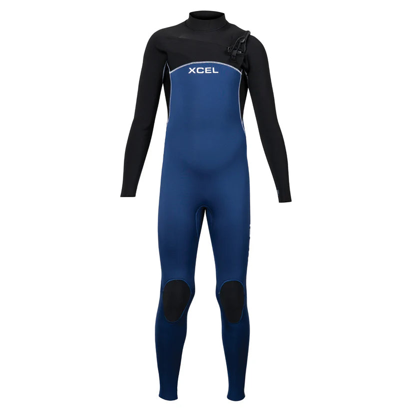 Xcel youth 3/2mm wetsuit in navy and black, designed for warmth and flexibility in cool waters.