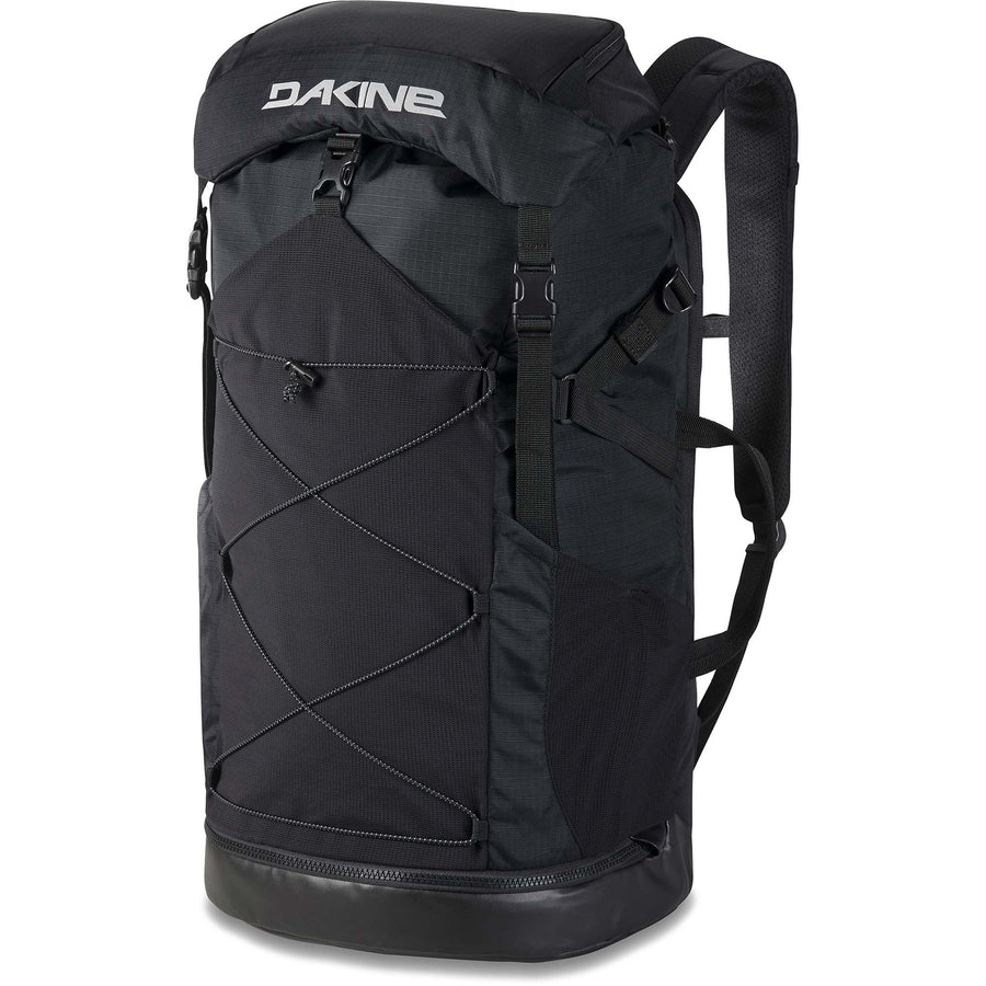 Dakine Mission Surf DLX 40L backpack in black with wet and dry compartments, designed for surf travel and water protection.
