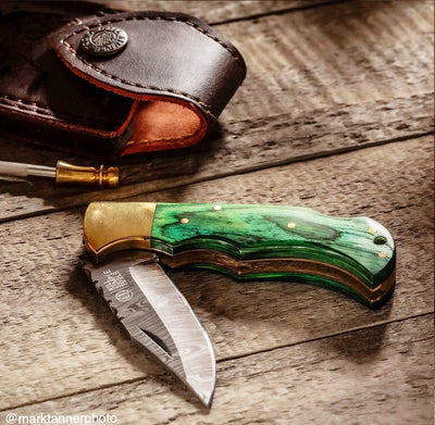 Rill Simple Irish Whiskeu Green Damascus Folder Knife
