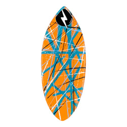 Zap large wedge skimboard with vibrant orange base and blue airbrushed streaks. Lightning logo.