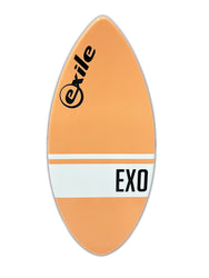 Orange‑finish 44″ E‑glass epoxy skimboard (EX0 model), sleek equatorial shape.