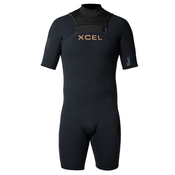 Xcel 2mm short sleeve springsuit in black for optimal comfort and mobility in warmer water.